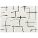 Rectangular white rug with black abstract line pattern on a white background