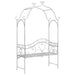 Antique white steel garden bench with decorative scrollwork and arched canopy frame