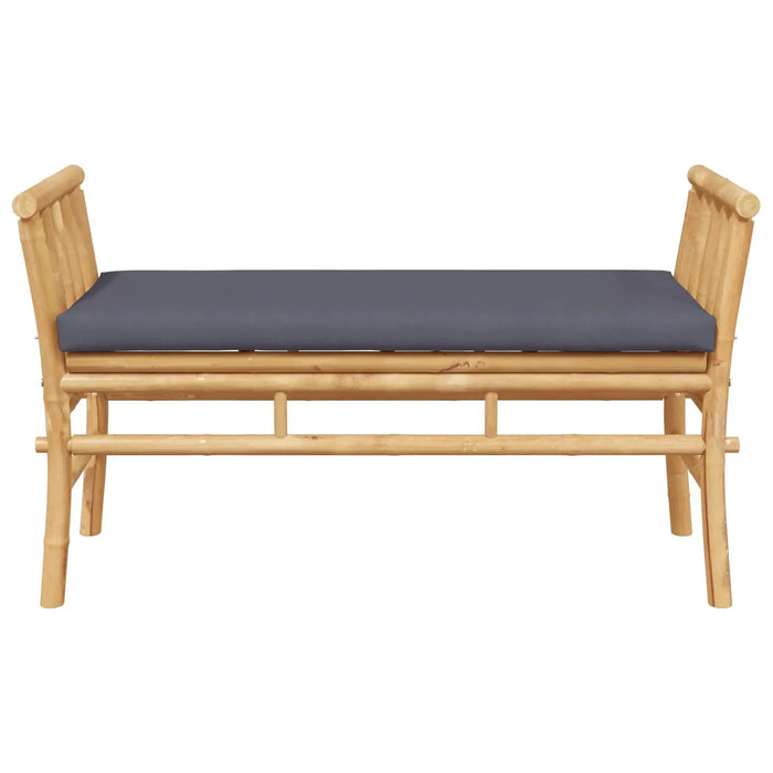 Modern bamboo garden bench with grey cushion, natural wood frame, no backrest