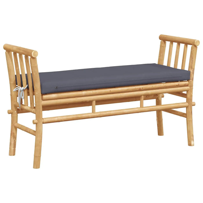 Modern bamboo garden bench with grey cushion seating, stylish outdoor furniture