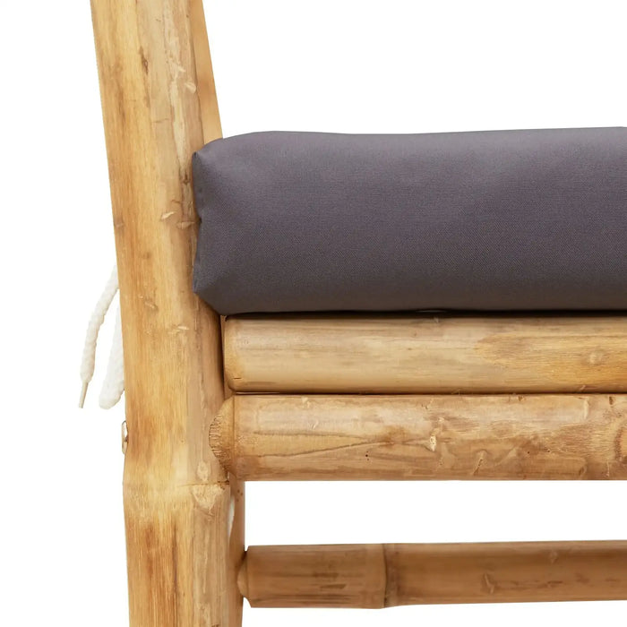 Close-up of grey cushion on natural bamboo modern garden bench from Little and Giant Explorers