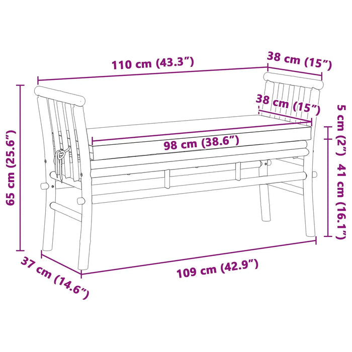 Technical drawing of a modern grey bamboo garden bench with cushions, detailed dimensions in cm and inches
