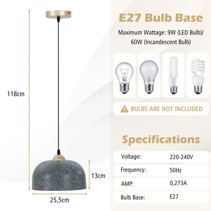 Pendant light with E27 bulb base specifications on a white background