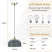 Pendant light with E27 bulb base specifications on a white background