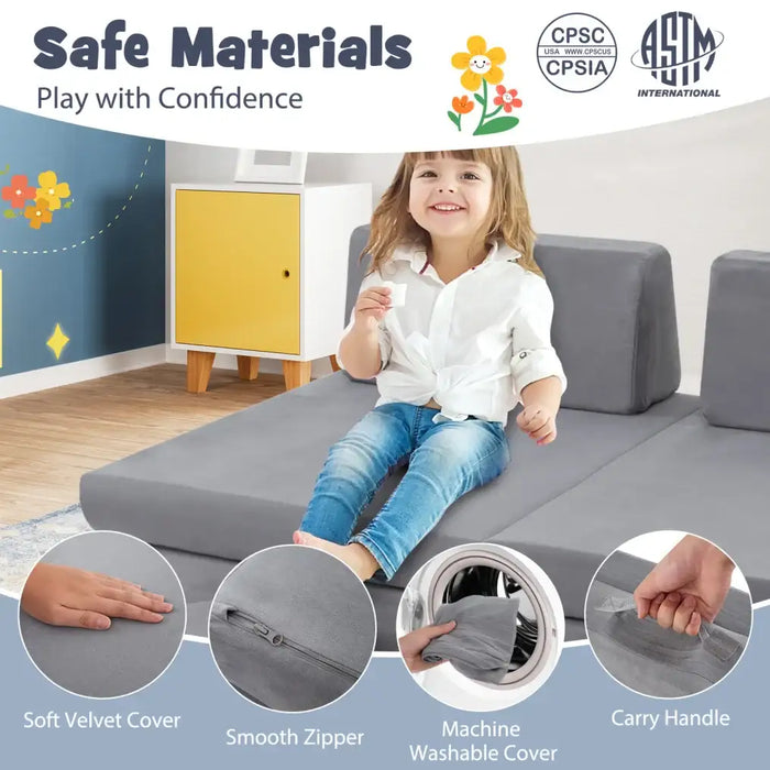 6-Piece Modular Kids Play Sofa Set | Luxurious Velvet Covers with Machine Washable Design - Little and Giant Explorers Costway