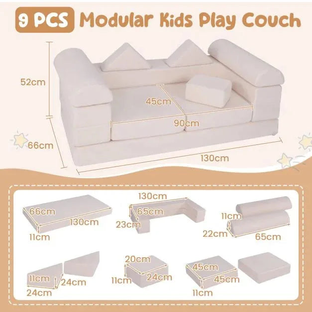 Modular Kids Play Couch with Breathable Suede Fabric in Beige | 9 Pieces - Little and Giant Explorers Costway