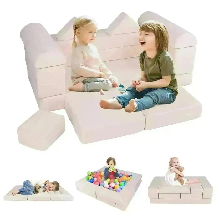 Modular Kids Play Couch with Breathable Suede Fabric in Beige | 9 Pieces - Little and Giant Explorers Costway