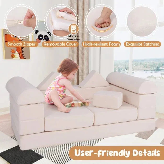 Modular Kids Play Couch with Breathable Suede Fabric in Beige | 9 Pieces - Little and Giant Explorers Costway