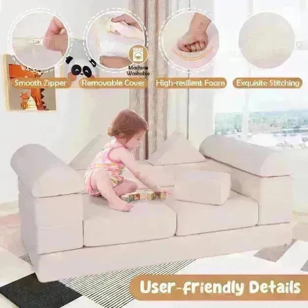 Modular Kids Play Couch with Breathable Suede Fabric in Beige | 9 Pieces - Little and Giant Explorers Costway