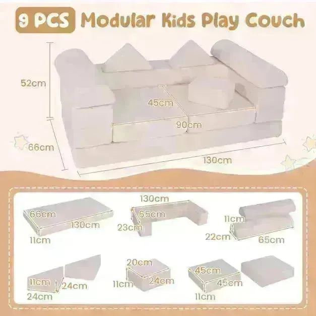 Modular Kids Play Couch with Breathable Suede Fabric in Beige | 9 Pieces - Little and Giant Explorers Costway