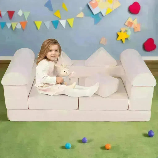 Modular Kids Play Couch with Breathable Suede Fabric in Beige | 9 Pieces - Little and Giant Explorers Costway