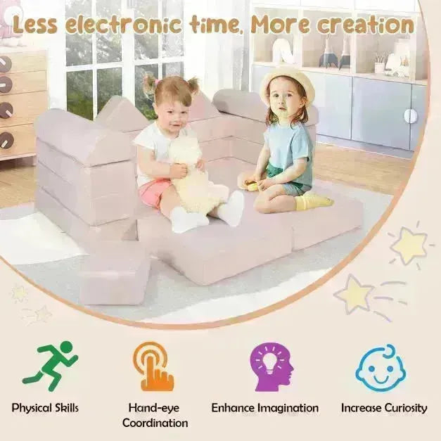 Modular Kids Play Couch with Breathable Suede Fabric in Beige | 9 Pieces - Little and Giant Explorers Costway