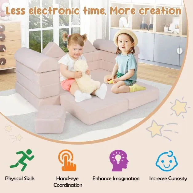 Modular Kids Play Couch with Breathable Suede Fabric in Beige | 9 Pieces - Little and Giant Explorers Costway