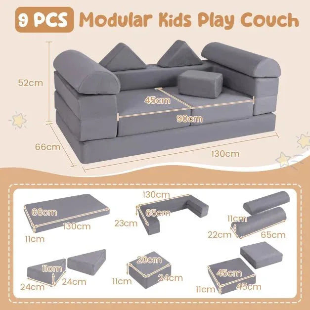 Modular Kids Play Couch with Breathable Suede Fabric in Grey | 9 Pieces - Little and Giant Explorers Costway