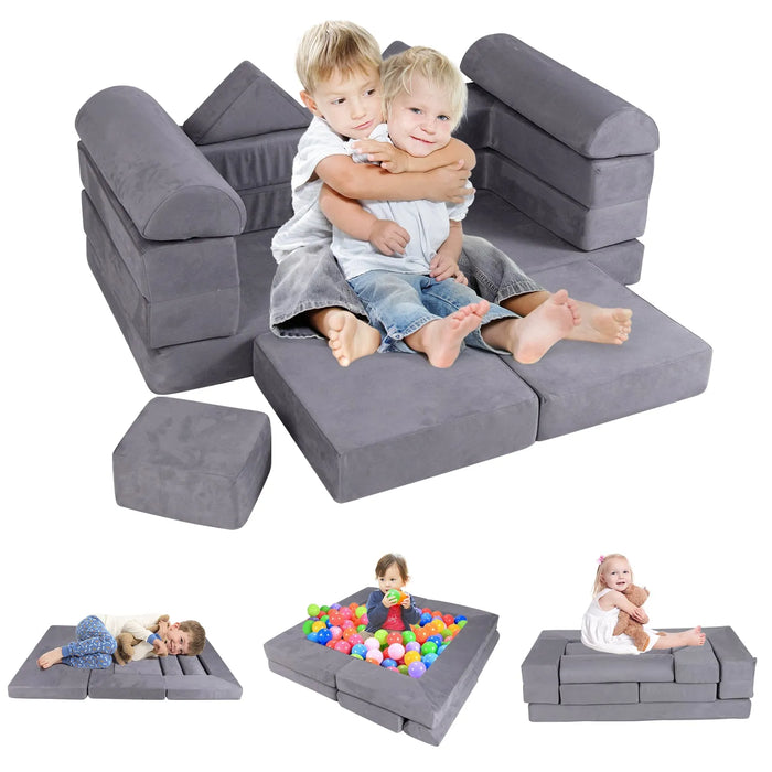 Modular Kids Play Couch with Breathable Suede Fabric in Grey | 9 Pieces - Little and Giant Explorers Costway