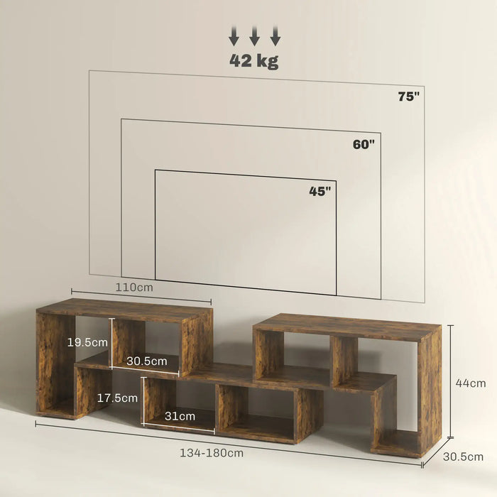 Rustic brown modular TV stand with adjustable length and storage compartments, fits up to 75 inch TVs