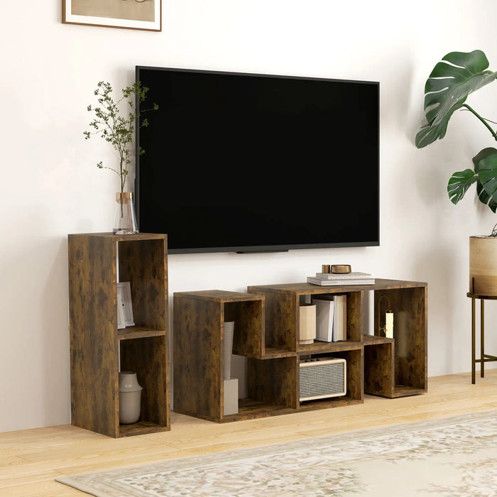 Rustic brown modular TV stand with storage cubes under a wall-mounted flat-screen TV in a bright living room