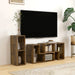 Rustic brown modular TV stand with storage cubes under a wall-mounted flat-screen TV in a bright living room
