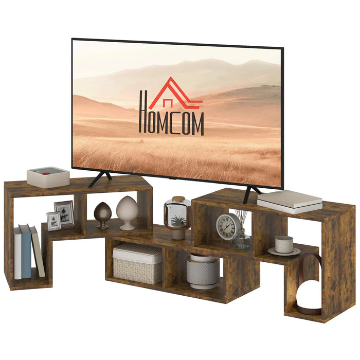 Rustic brown modular TV stand holding a large flat-screen TV with decorative items and storage boxes
