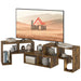 Rustic brown modular TV stand holding a large flat-screen TV with decorative items and storage boxes