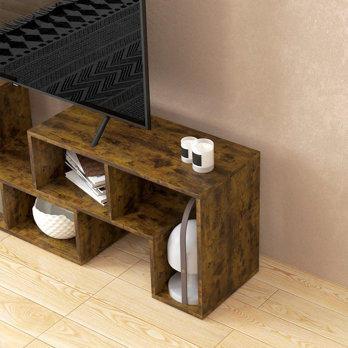 Rustic brown modular TV stand for up to 75 inch TVs with storage compartments, candles, and modern lamp