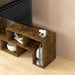 Rustic brown modular TV stand for up to 75 inch TVs with storage compartments, candles, and modern lamp