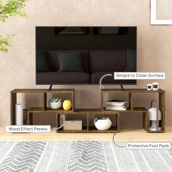 Rustic brown modular TV stand with wood effect panels, storage shelves, and protective foot pads under large flat-screen TV