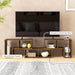 Rustic brown modular TV stand with wood effect panels, storage shelves, and protective foot pads under large flat-screen TV