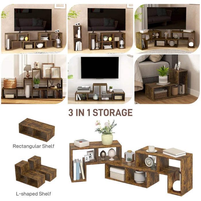 Rustic brown modular TV stand and media console shown in various configurations with shelves and decorative storage