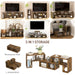 Rustic brown modular TV stand and media console shown in various configurations with shelves and decorative storage