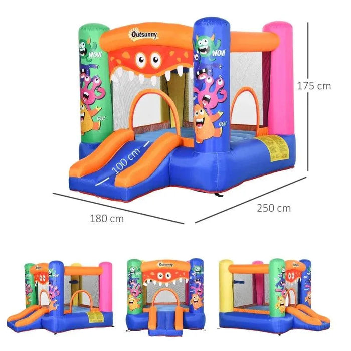 Monster inflatable bouncy castle with slide, basketball hoop, colorful cartoon monster design, 3-in-1 Outsunny playhouse, 250x180x175 cm.