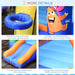 Monster inflatable bouncy castle with basketball hoop, slide, and colorful cartoon design