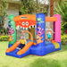 Kids playing in Outsunny monster inflatable bouncy castle with slide and basketball hoop outdoors