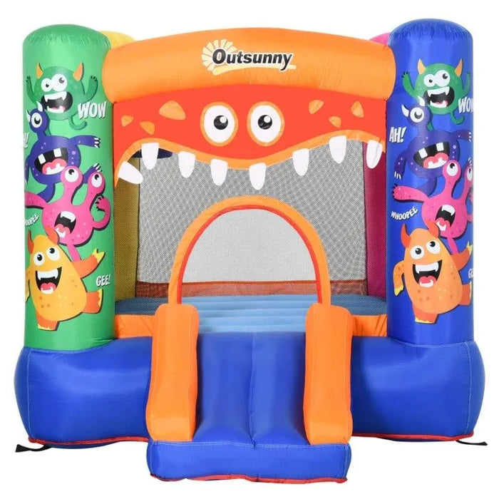 Colorful monster-themed inflatable bouncy castle with slide and basketball hoop by Outsunny.
