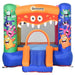 Colorful monster-themed inflatable bouncy castle with slide and basketball hoop by Outsunny.