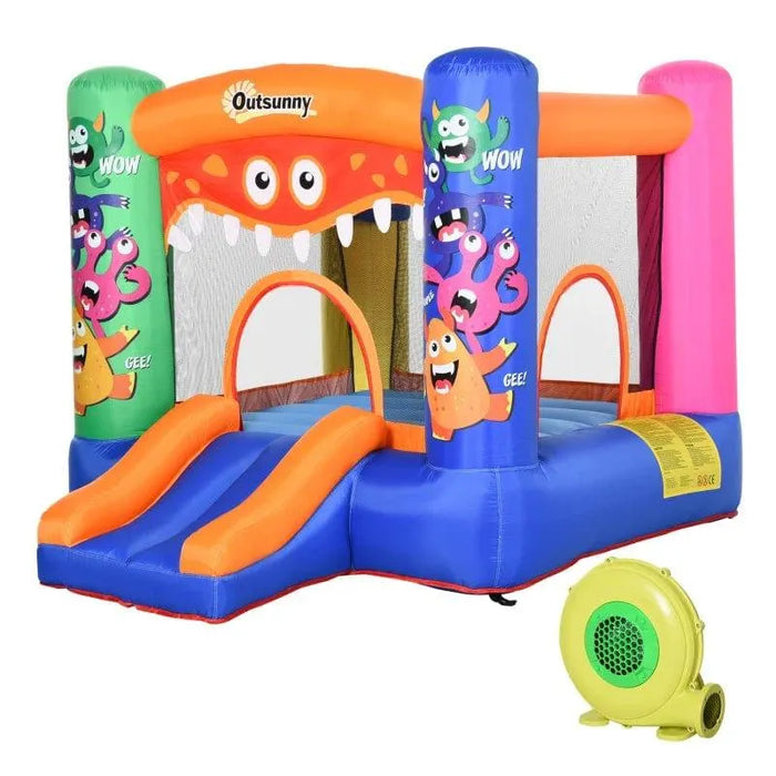 Colorful Outsunny monster inflatable bouncy castle with slide, basketball hoop, and blower