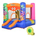 Colorful Outsunny monster inflatable bouncy castle with slide, basketball hoop, and blower
