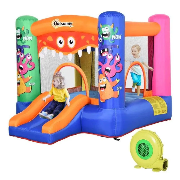 Monster inflatable bouncy castle with slide and blower, two kids playing, colorful Outsunny design
