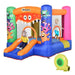 Monster inflatable bouncy castle with slide and blower, two kids playing, colorful Outsunny design