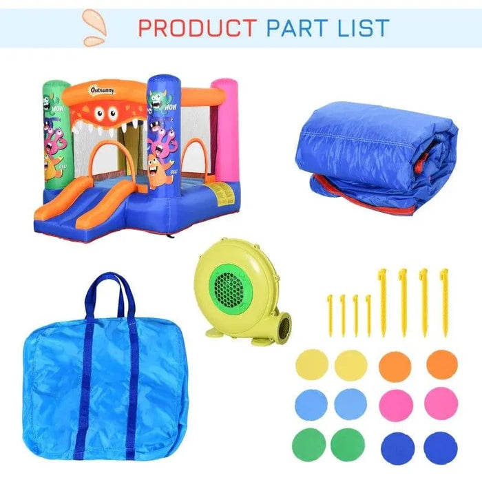 Monster inflatable bouncy castle set with blower, stakes, carry bag, and colorful balls.