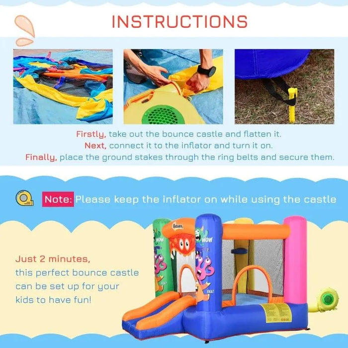 Colorful monster-themed inflatable bouncy castle with slide, basketball hoop, and setup instructions.