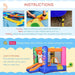 Colorful monster-themed inflatable bouncy castle with slide, basketball hoop, and setup instructions.