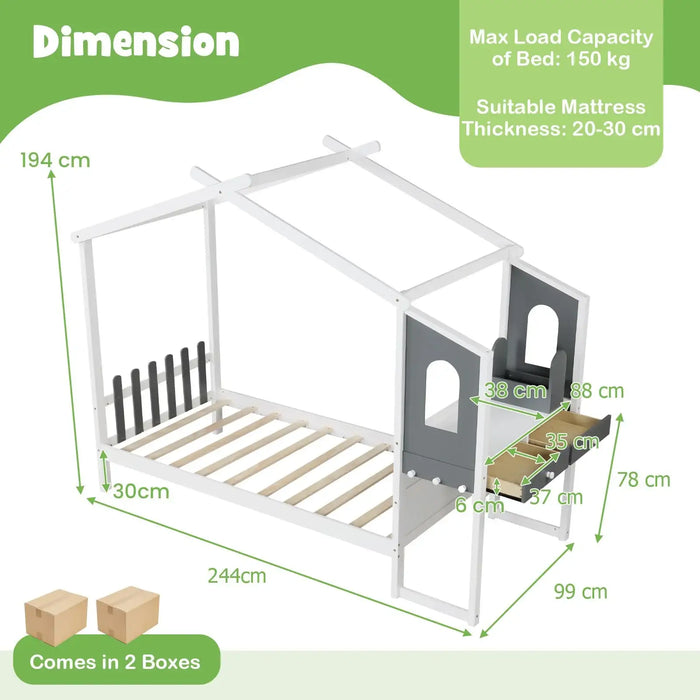 Dimensions of a children's house-shaped bed with measurements and specifications.