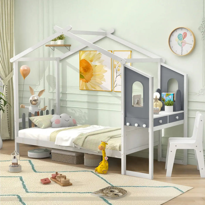 Children's room with a house-shaped bed and desk area.