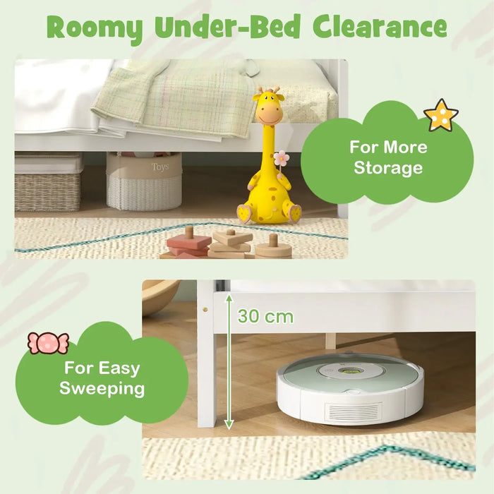 Robotic vacuum cleaner under a bed with text indicating roomy clearance and easy sweeping.