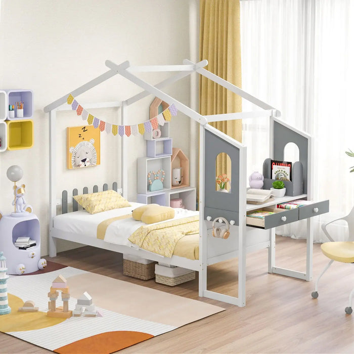 Children's room with a house-shaped bed, shelves, and toys on a wooden floor.