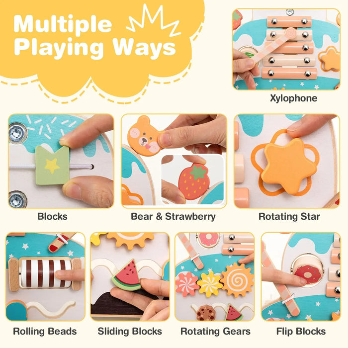 Children's educational toy with various play options including xylophone, blocks, bear & strawberry, rotating star, rolling beads, sliding blocks, rotating gears, and flip blocks.