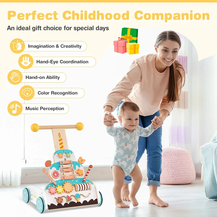 Montessori Wooden Baby Walker | Cake-Shaped Push Toy with Activity Panel COSTWAY - Little and Giant Explorers Costway