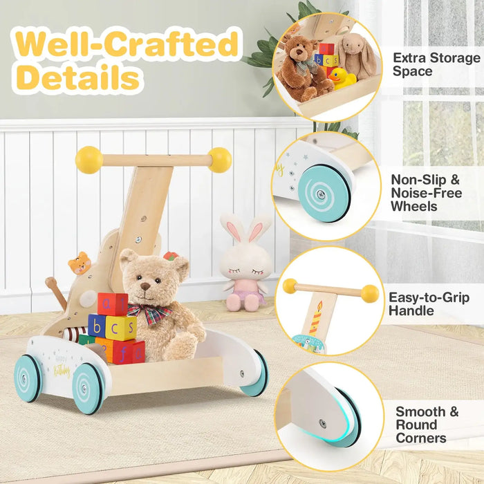 Wooden toy with wheels on a wooden floor, surrounded by teddy bears and toys, with text highlighting features.