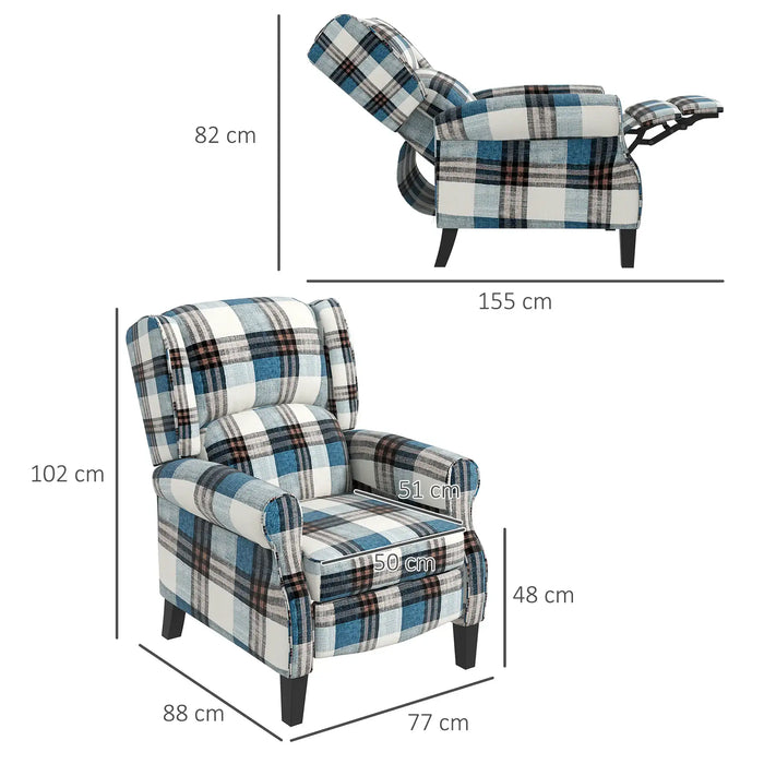 Multi-Check Recliner Armchair – Blue | 135° Reclining Back - Linen-Feel Upholstery HOMCOM - Little and Giant Explorers